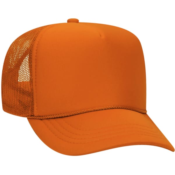An orange 5 panel trucker hat with a mesh back and a curved brim, featuring a simple design.
