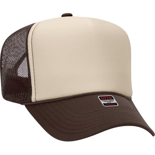 A 5 panel trucker hat in cream and brown, featuring a solid front and a mesh back. Includes a logo.