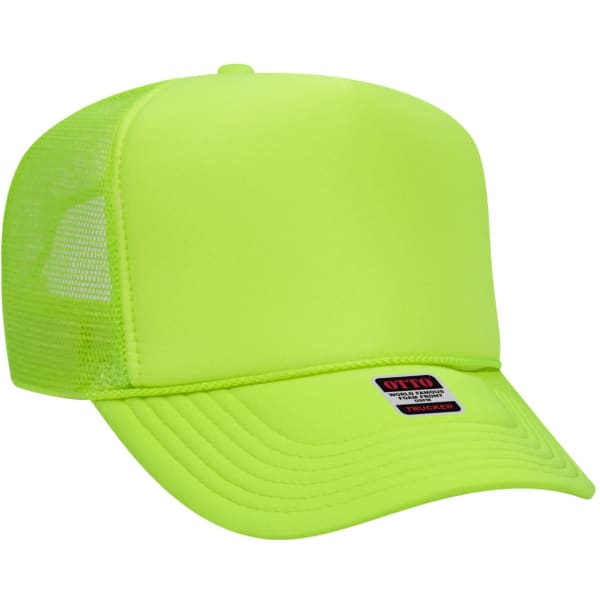 A bright neon green 5 panel trucker hat featuring a mesh back and a small logo on the front panel.