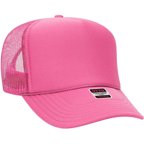 A pink 5 panel trucker hat with a mesh back and a branded tag on the front.