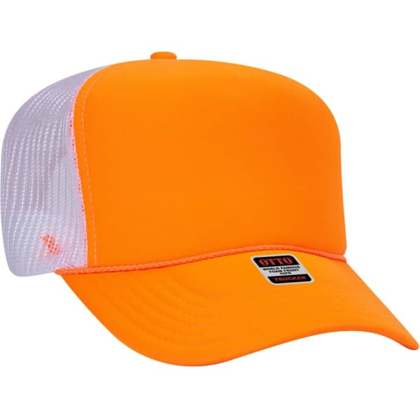 An orange 5-panel trucker hat featuring a white mesh back and a branded label.