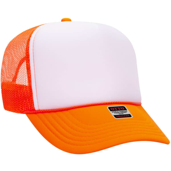 A 5-panel trucker hat featuring a white front and bright orange mesh sides and brim, with a logo on the front.