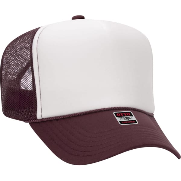 A 5-panel trucker hat featuring a white front and burgundy peak and mesh sides, with a logo on the front.
