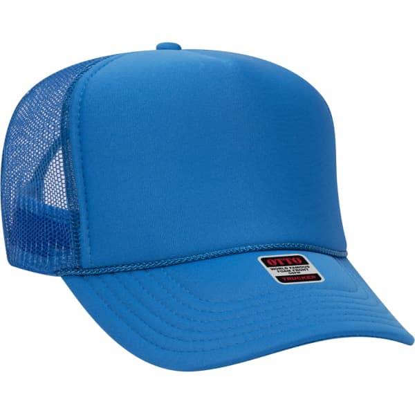 A blue 5 panel trucker hat with a mesh back and a logo on the front.