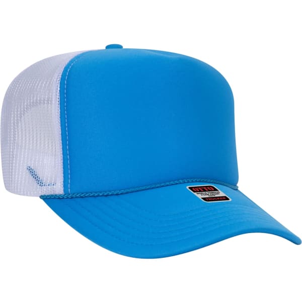 A blue 5 panel trucker hat with a white mesh back and a logo on the front.