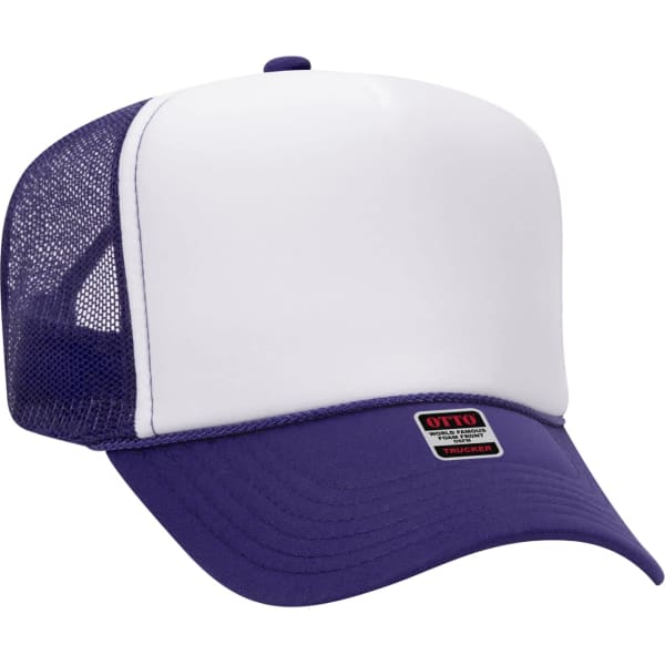 A 5 panel trucker hat featuring a white front and purple brim and mesh sides. The hat includes a logo on the front.