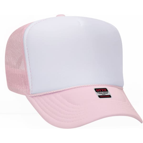 A pink and white 5 Panel Trucker Hat with a mesh back and a small logo on the front.