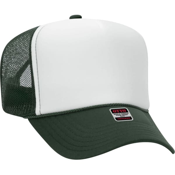 A green and white 5-panel trucker hat with a mesh back and a front panel for branding.