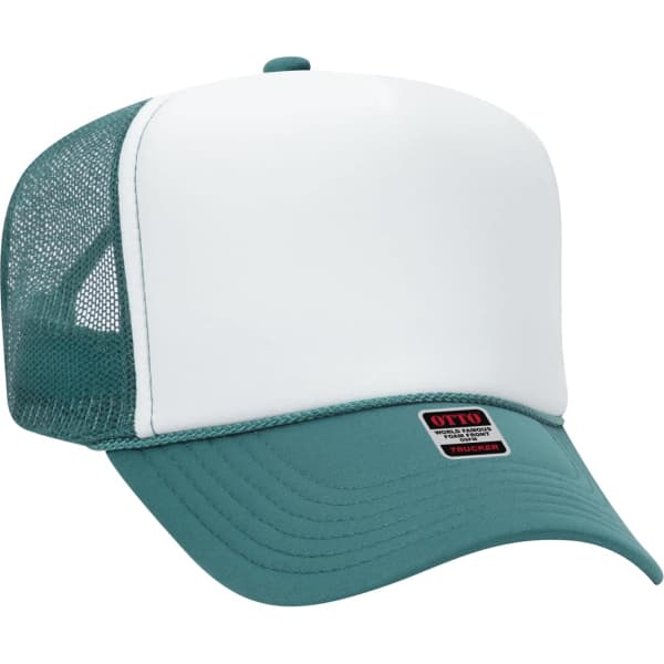 A teal and white 5 panel trucker hat featuring a solid front and mesh back, with a logo on the front.