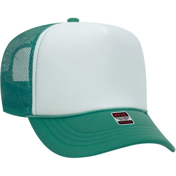 A green and white 5 panel trucker hat with a mesh back and a logo on the front.