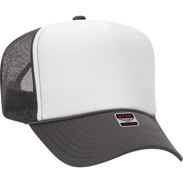 A 5 panel trucker hat featuring a white front and grey mesh back, with a small logo on the front.