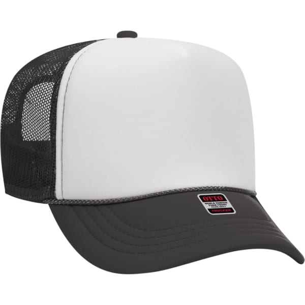 A 5 Panel Trucker Hat featuring a white front and a black mesh back, complete with a logo on the brim.