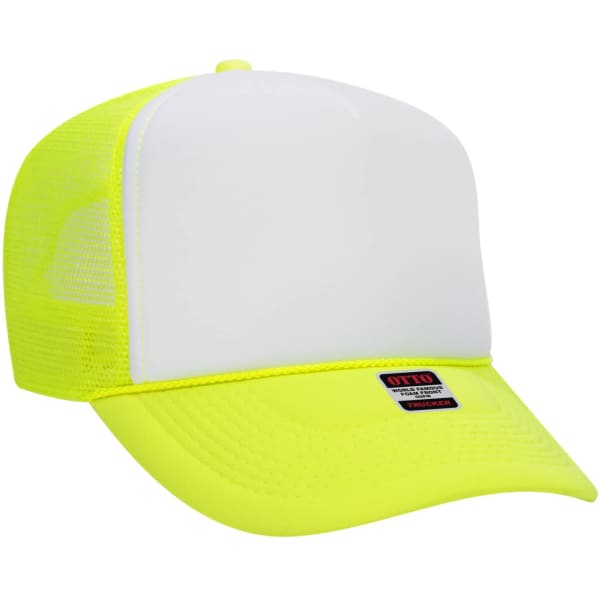 A bright yellow 5-panel trucker hat with a solid white front and mesh sides, featuring a logo on the front.