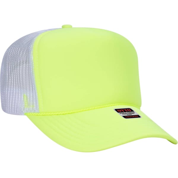 A bright yellow 5-panel trucker hat with a white mesh back and a small branding logo on the front.