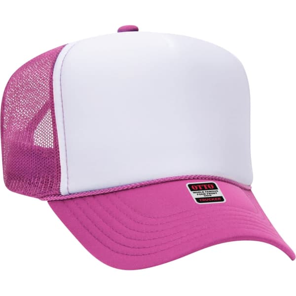 A pink and white 5 Panel Trucker Hat with a mesh back and a logo on the front.