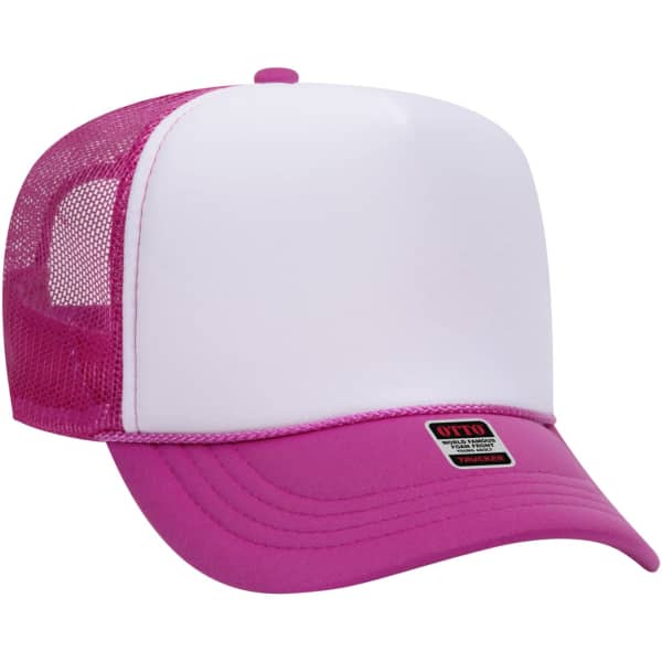 A pink and white 5 panel trucker hat featuring a mesh back and a small logo on the front.
