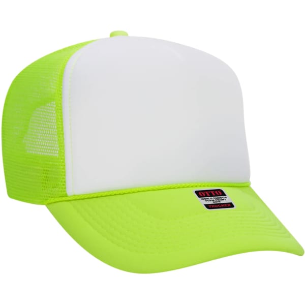 A bright neon green 5 panel trucker hat with a solid white front and mesh sides. It features a logo on the front.