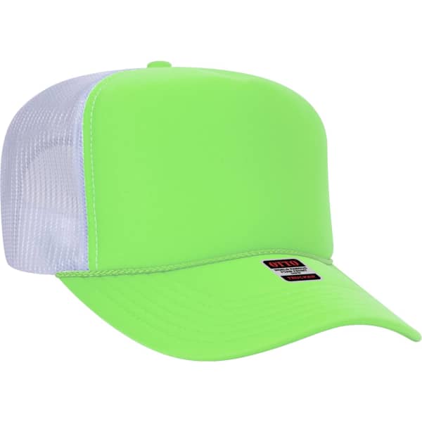 A bright green 5-panel trucker hat with a white mesh back and a logo on the front.
