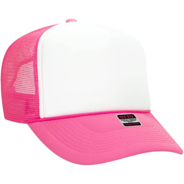 A pink 5-panel trucker hat with a white front panel and mesh sides, featuring a logo on the brim.