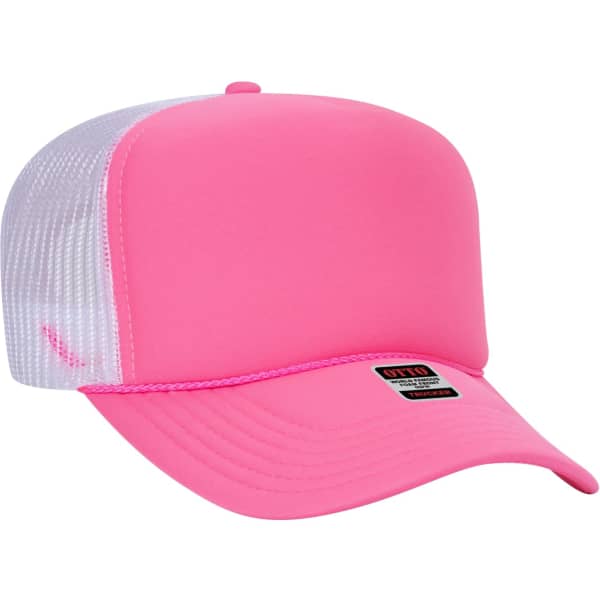A pink 5 panel trucker hat with a mesh back and a branded patch on the front.