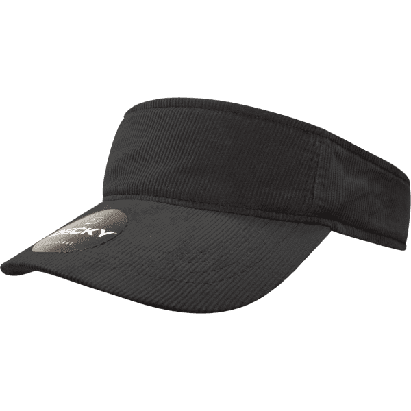 A black visor with a wide brim and an attached logo on the front.
