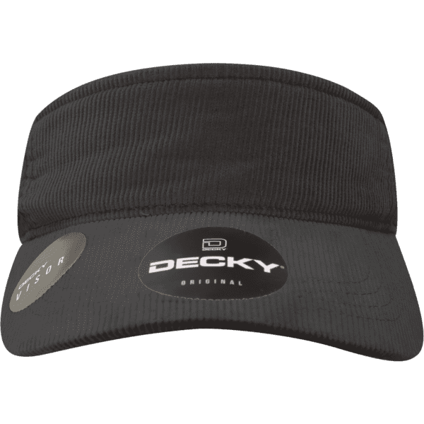 A black visor with a textured design and a logo, featuring a wide brim for sun protection.