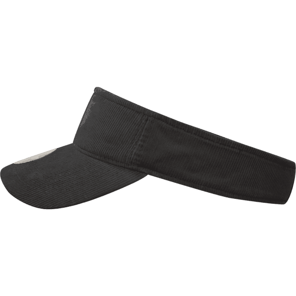 A black visor made from corduroy, featuring a curved peak and a band at the back, with a logo on the front.