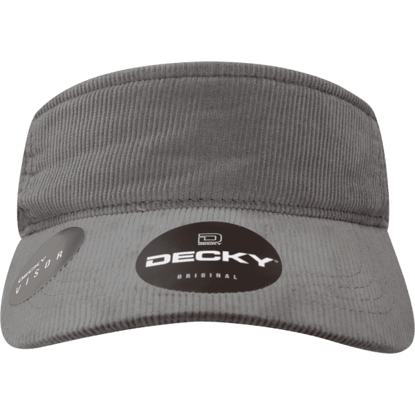A grey corduroy visor featuring a logo and a sleek design. The product has a textured fabric finish.
