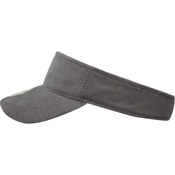 A grey visor with a wide brim and a textured fabric, featuring a logo on the front.