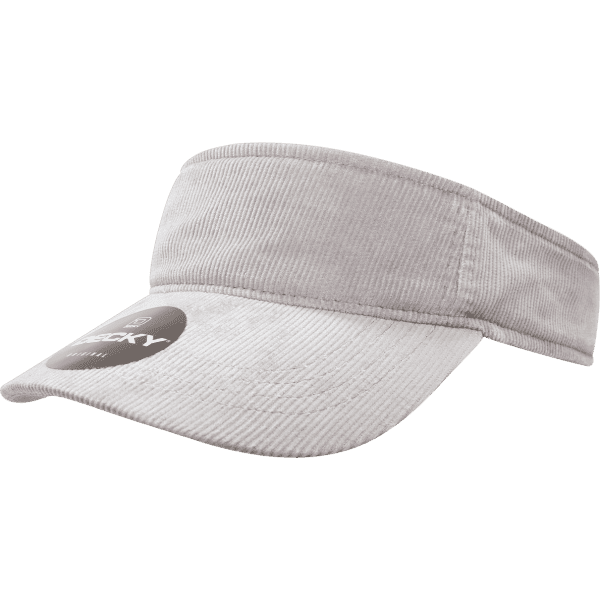 A grey corduroy visor featuring a wide brim and a logo on the front.