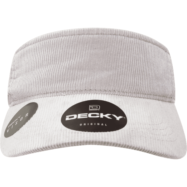 A white corduroy visor with a branded tag, featuring a wide brim and an adjustable strap at the back.