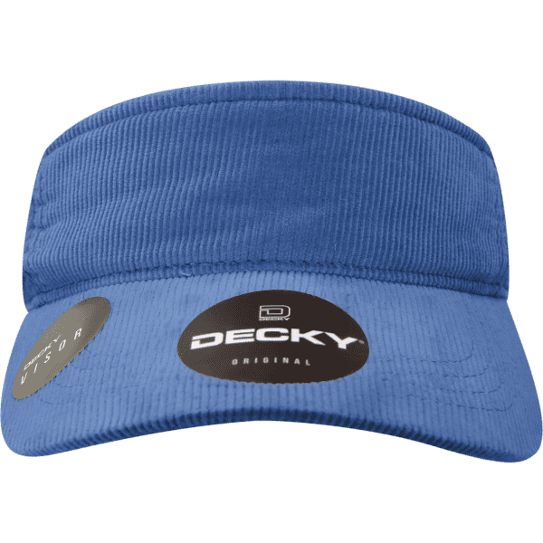 A blue visor with a textured fabric and a branded logo tag on the front.
