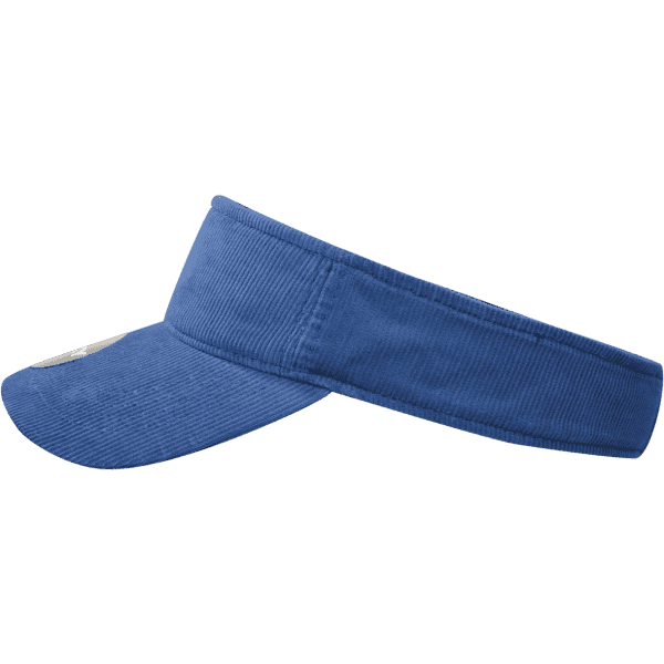 A blue visor featuring a wide brim and textured fabric, with a logo on the front.