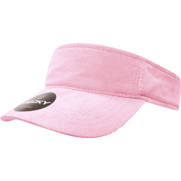 A pink corduroy visor featuring a circular logo on the side.