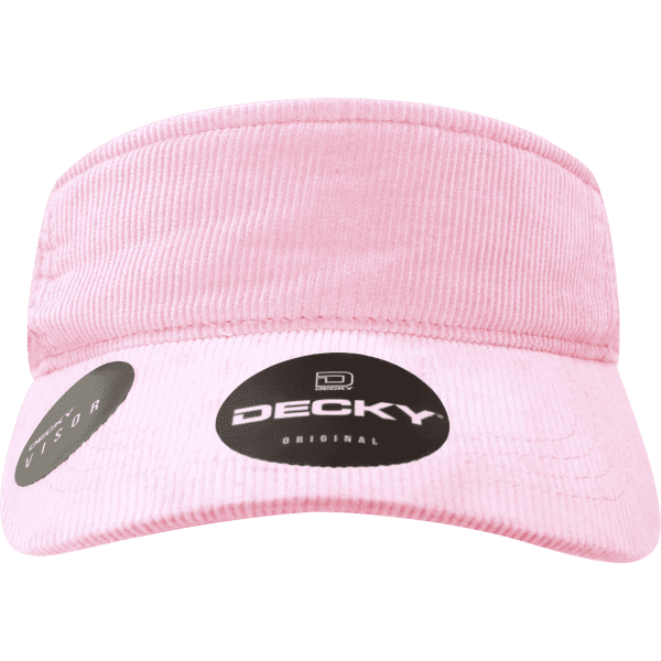 A pink visor with a textured fabric and a logo on the front, featuring a curved brim.