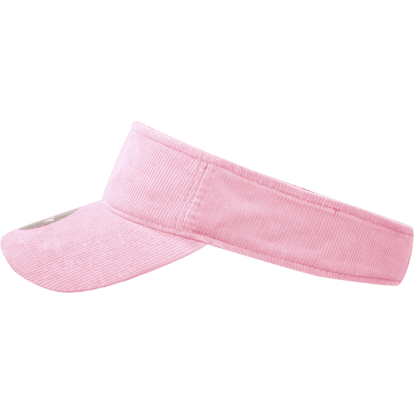 A pink corduroy visor with a curved brim and an adjustable strap at the back. It features a logo on the front.