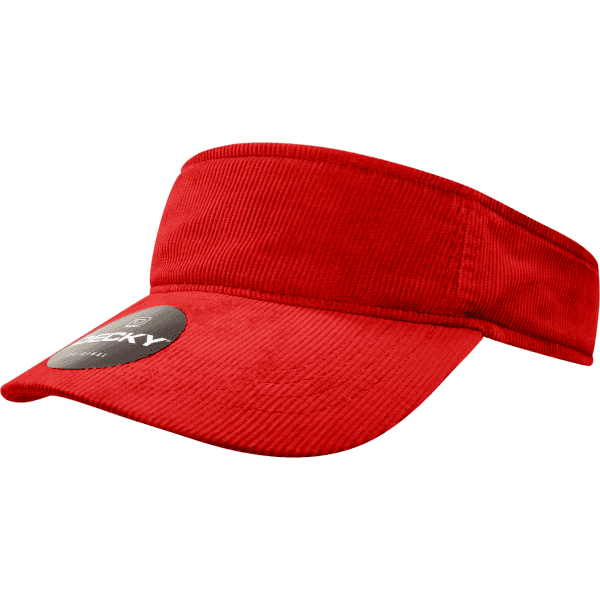 A red corduroy visor with a branded logo on the side, featuring a wide, flat brim.