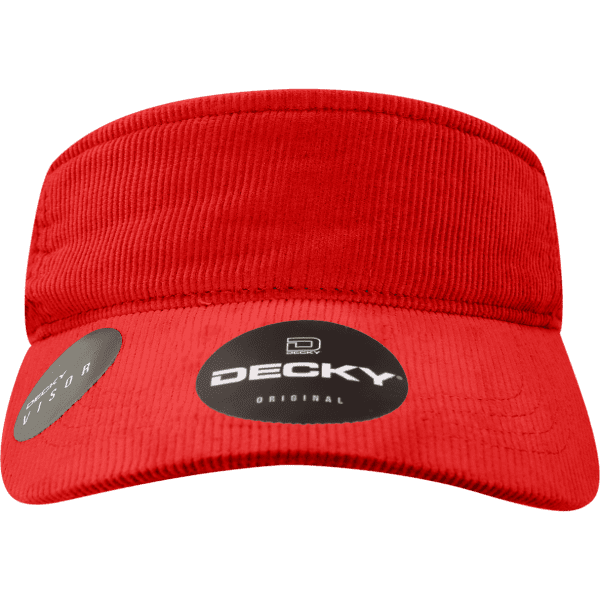 A red corduroy visor with a branded logo on the front and a circular tag on the side.