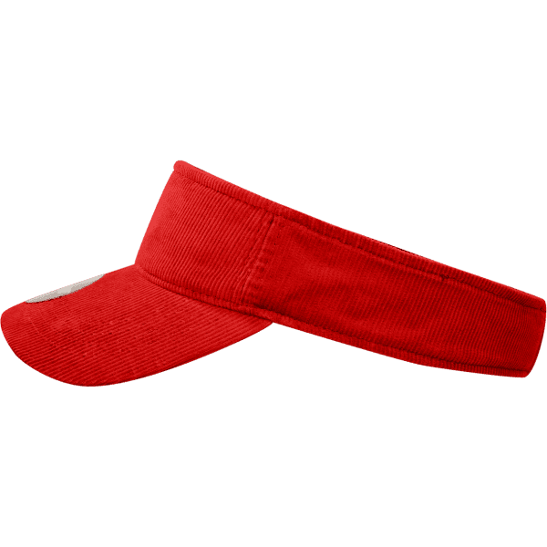 A red corduroy visor with a wide brim and an adjustable band. It features a logo on the front.