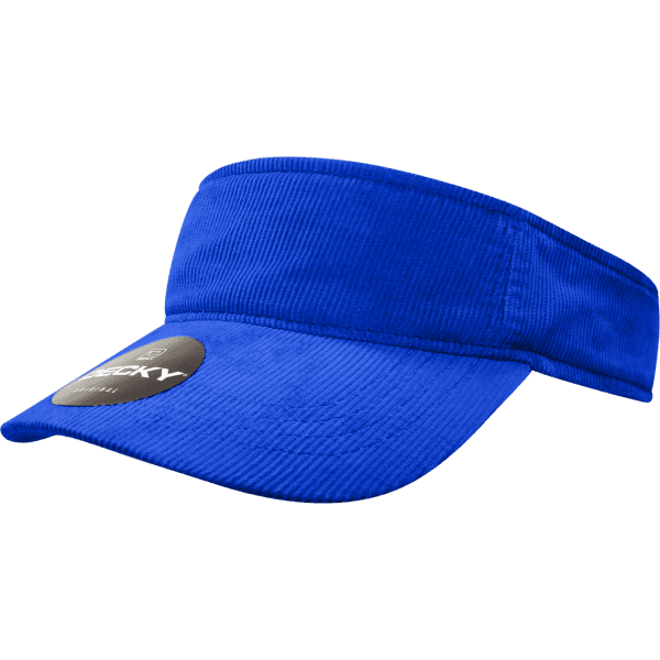 A blue corduroy visor featuring a branded logo on the side.