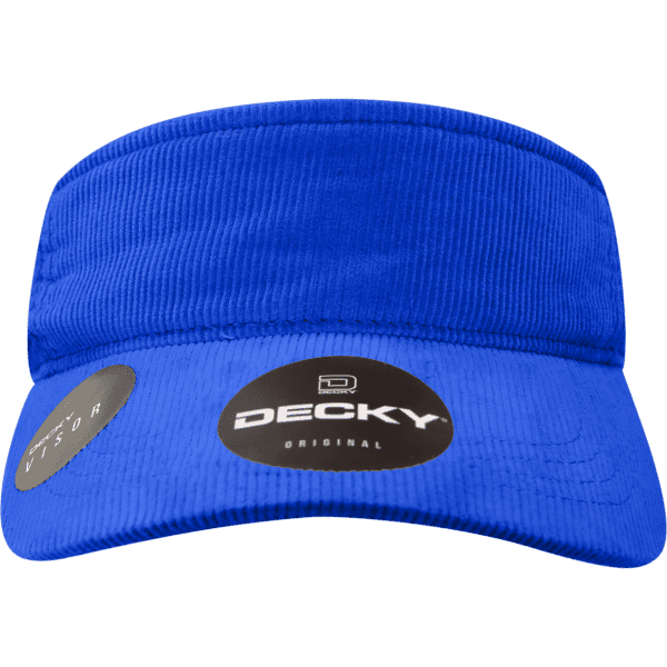 A blue visor with a textured fabric and a logo on the front, featuring a wide brim and an adjustable band.