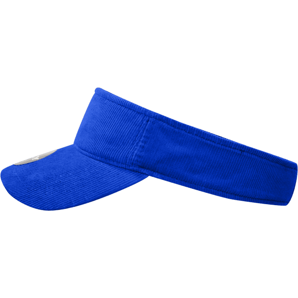 A blue visor with a wide brim, featuring a logo on the front.