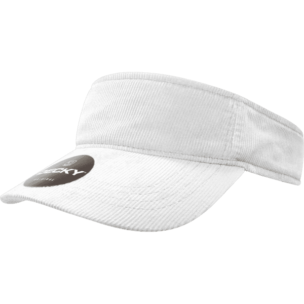A white corduroy visor featuring a branded logo on the front.