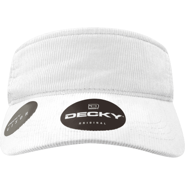 A white visor with a wide brim and a logo on the front, featuring a textured fabric design.