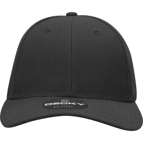 A black high-profile structured fitted cap with a branded logo on the front.