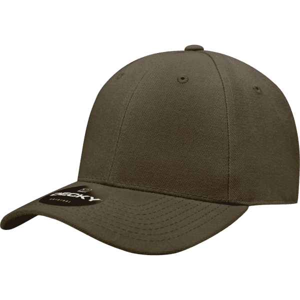 A brown fitted cap with a curved brim and a tag attached, featuring a logo on the front.