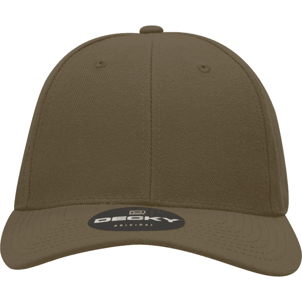 A brown fitted cap with a high-profile structured design and a logo on the front.
