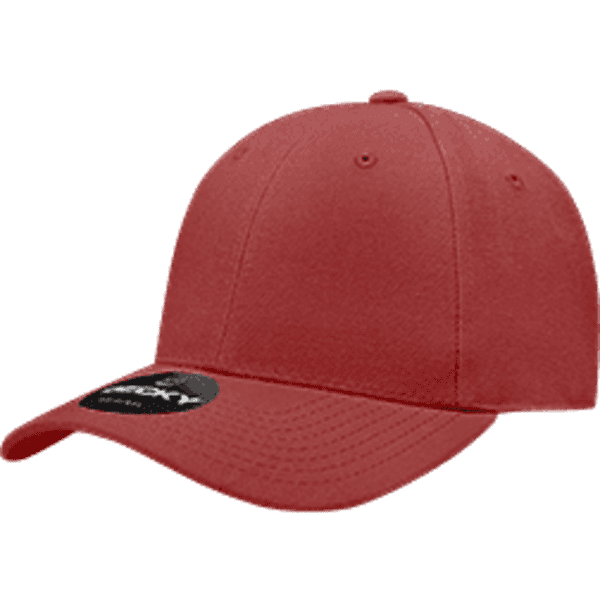A red fitted cap with a curved brim and a branding tag attached.