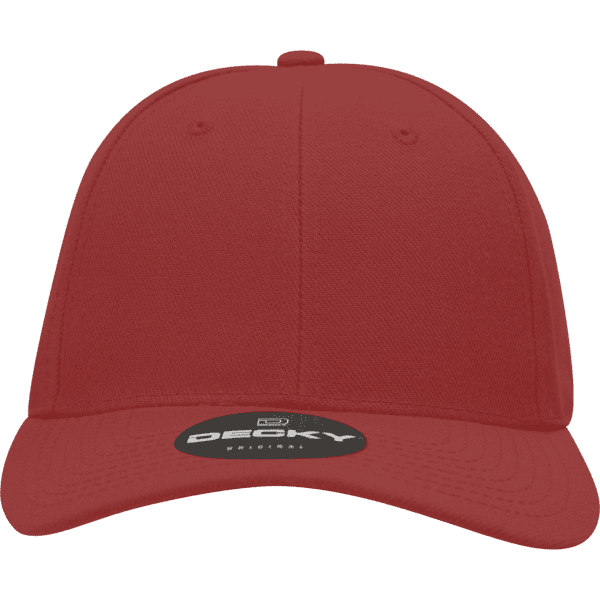 A red high-profile structured fitted cap with a branded logo on the front.
