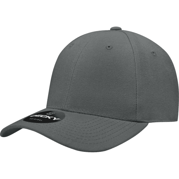 A grey fitted cap with a curved brim and a branding tag attached.